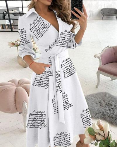 Elegant Print V Neck 3/4 Sleeve Wrap Midi Dresses