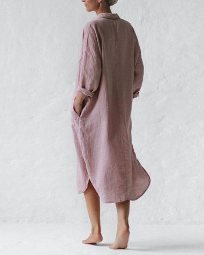 Casual Pink Solid Linen Pullover Shirt Dresses with Pockets