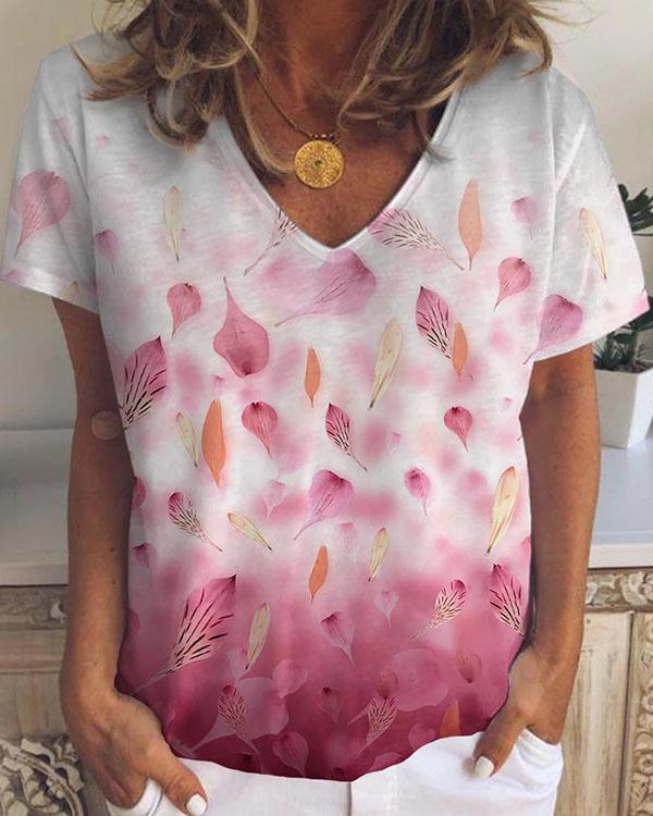 Women's Leaves Printed Ombre Summer V Neck T-shirt Top