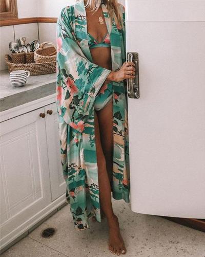 Crane Print Beach Sexy Cardigan Loose Vacation Sunscreen Bikini Cover-up