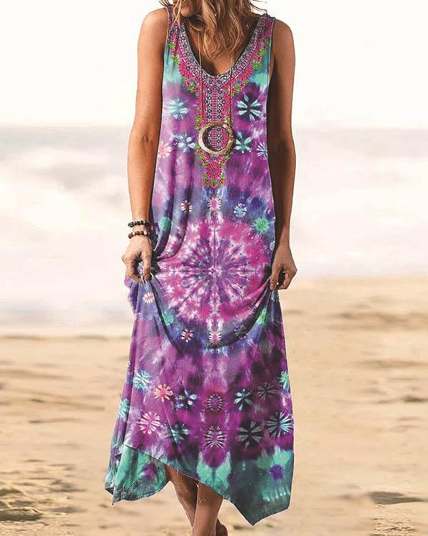 US$ 28.69 - Bohemian Print Tie Dye Irregular Tank Dress - www.tangdress.com