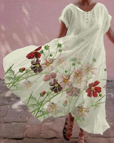 Casual Floral Print Button Pleated Maxi Dress