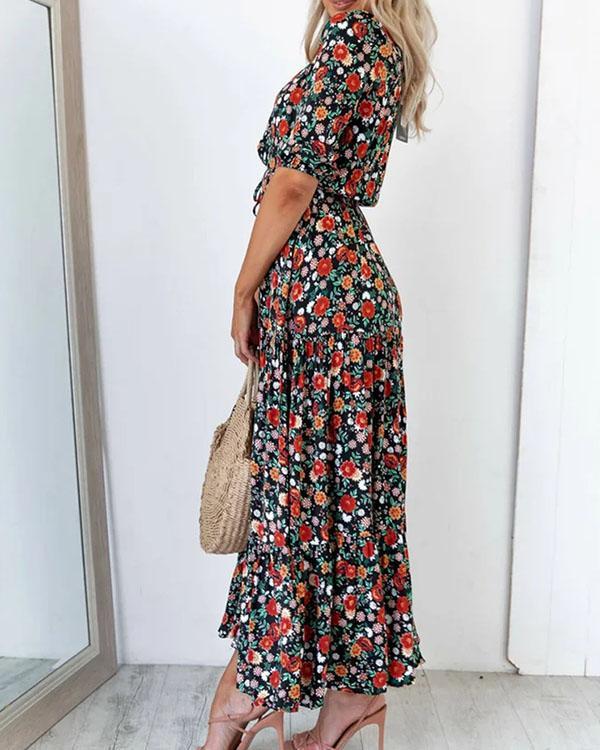 Vintage Half Sleeves Casual A-line Multiflora Maxi Dresses