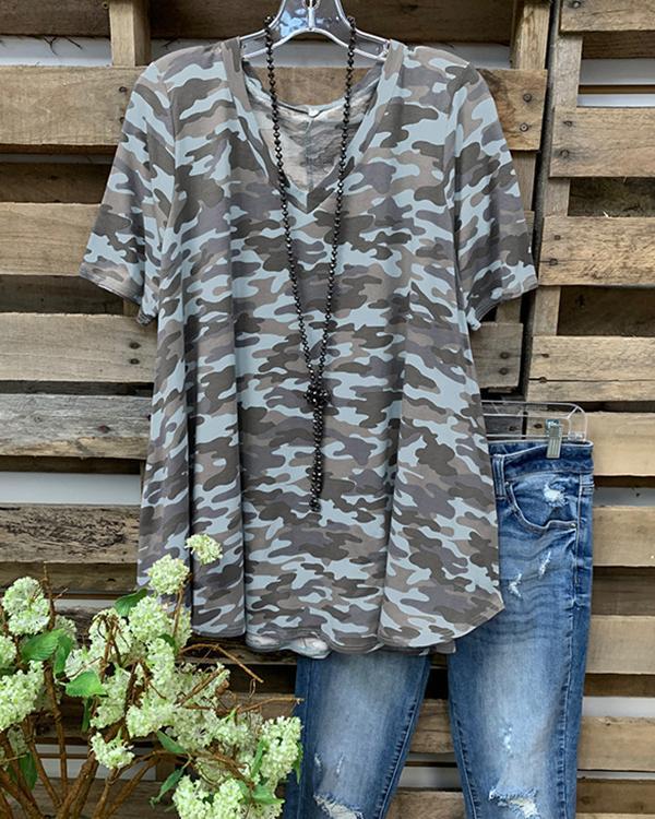 Camo Short Sleeve Printed Cotton-blend Crew Neck Casual Top