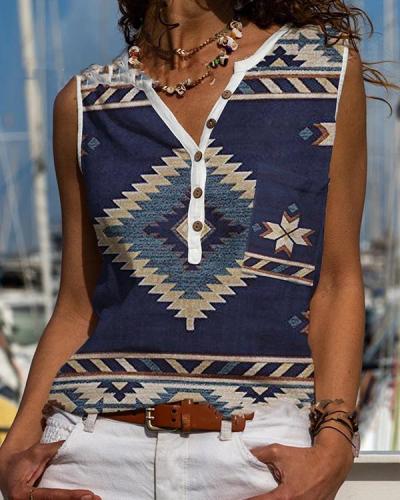 Casual Vintage Geometry Button Neck Boho Tank&Vest