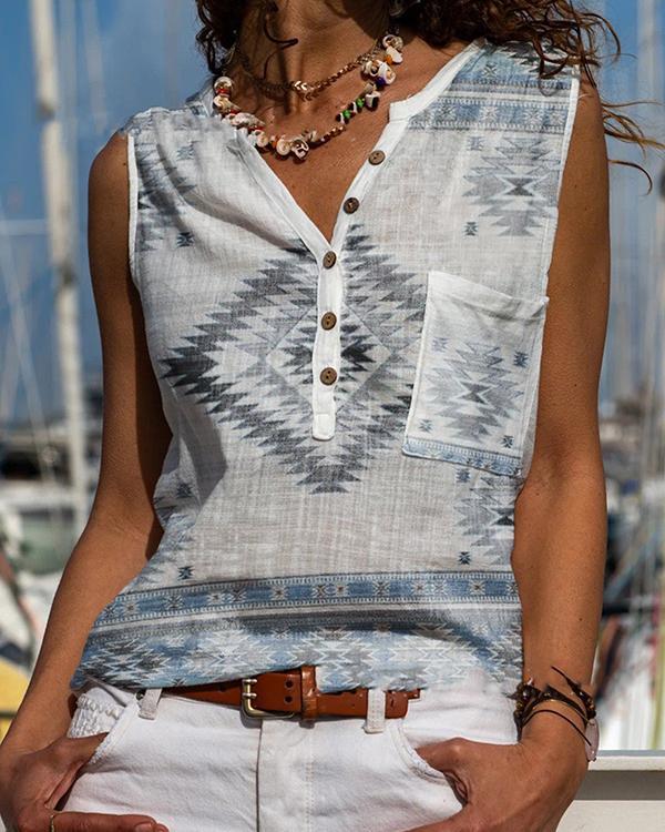 Casual Vintage Geometry Button Neck Boho Tank&Vest