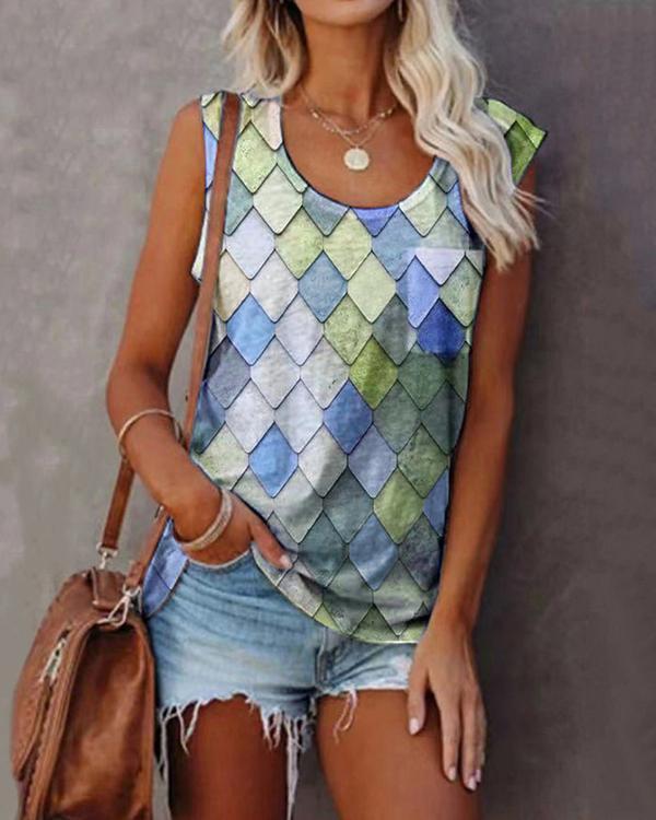 Women's Sleeveless Scoop Neck Chic Printed Tops T-shirts