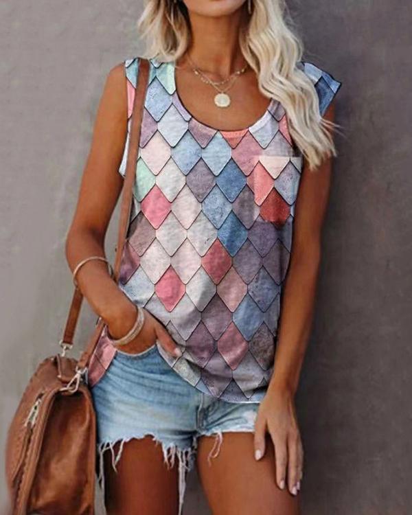 Women's Sleeveless Scoop Neck Chic Printed Tops T-shirts