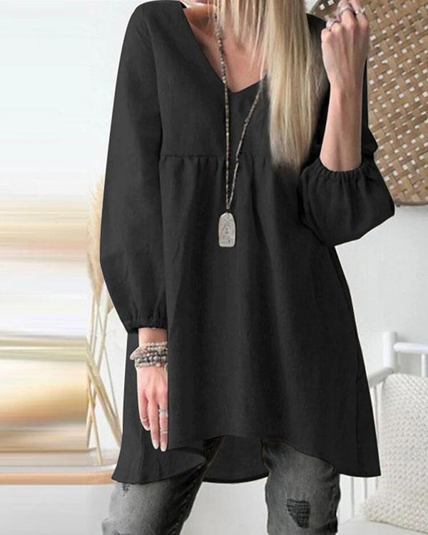 Womens Full Sleeve V Neck Jumper Long Shirts Tunic Pleaed Loose Dress