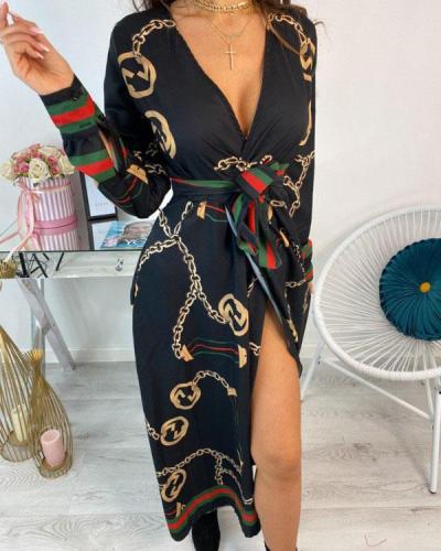 Sexy Summer Lady Long Party Deep v-Neck Belt Girl Maxi Dress