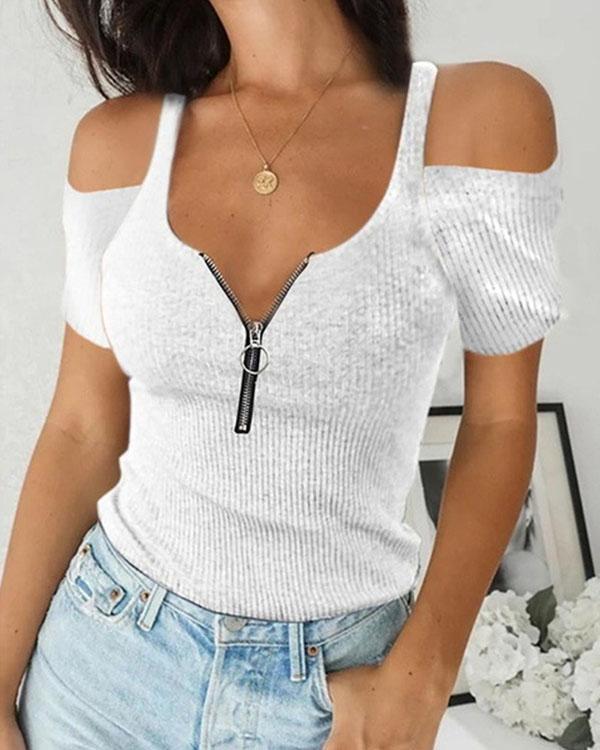 Women Summer Zipper Cold Shoulder Sexy Slim fit Top