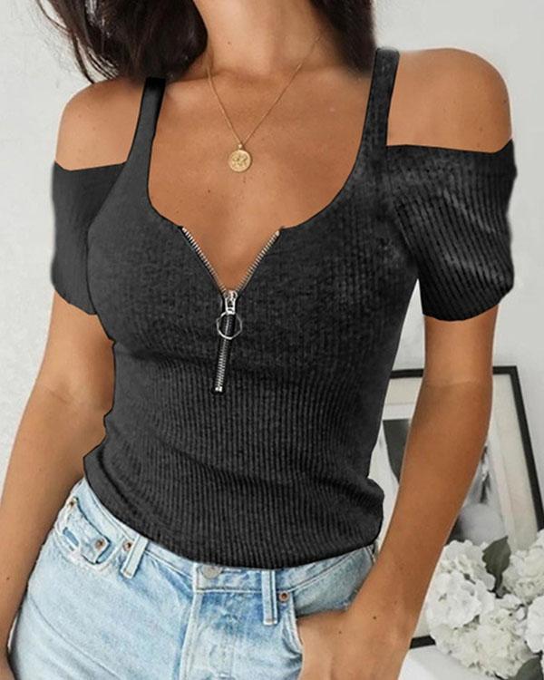 Women Summer Zipper Cold Shoulder Sexy Slim fit Top