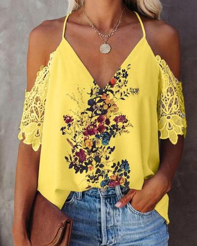 Lace V-neck Open Back Floral Print Top Chiffon Shirt