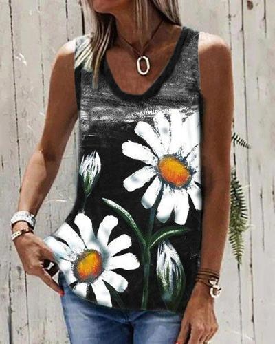 Chrysanthemum Print Round Neck Sleeveless T-shirt Summer Casual Loose Tank Top