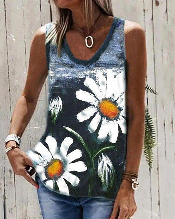Chrysanthemum Print Round Neck Sleeveless T-shirt Summer Casual Loose Tank Top