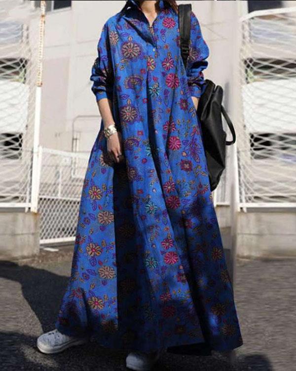 Womens Collared Check Print A-Line Casual Loose Kaftan Long Maxi Dress