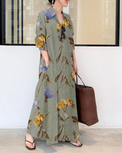 Women Floral Print Loose Linen Maxi Dresses