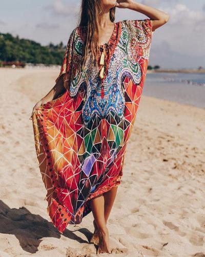 Bohemian Colorful Print Bikini Cover Up Vacation Dress