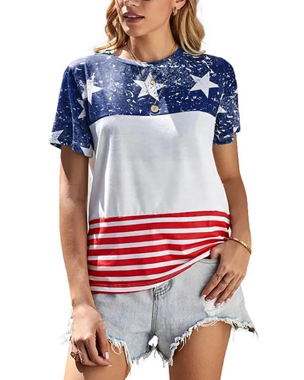 American Flag Color Block T-Shirt Tee - Blue