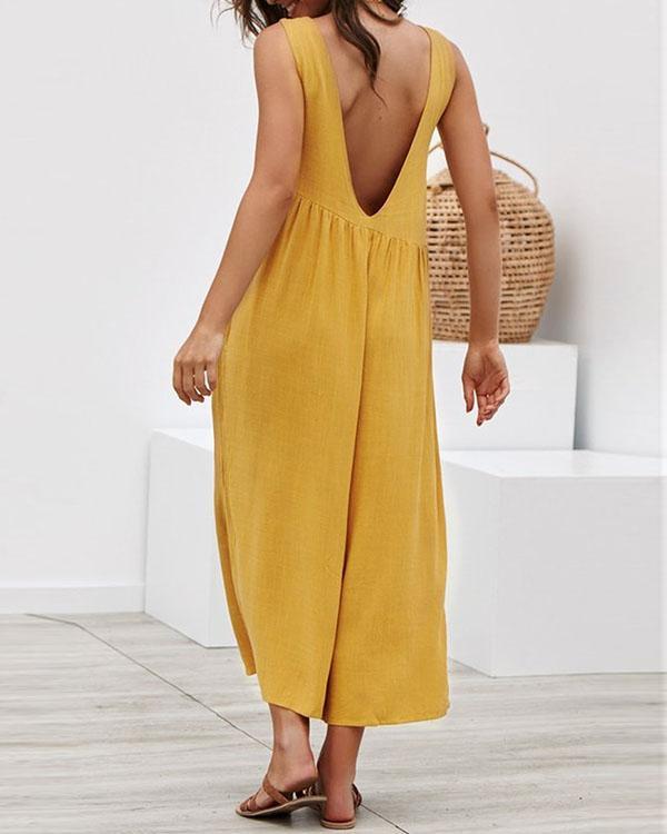 Casual Solid Irregular Pleated Crew Neck Pockets Jumpsuit