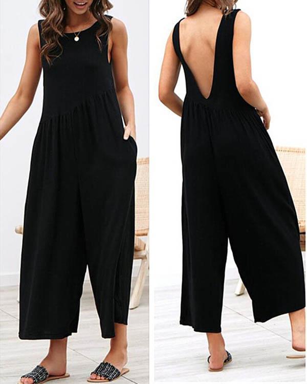 Casual Solid Irregular Pleated Crew Neck Pockets Jumpsuit