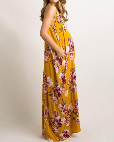 Women Maternity Loose Fit Multiflora V-Neck Maxi Dress