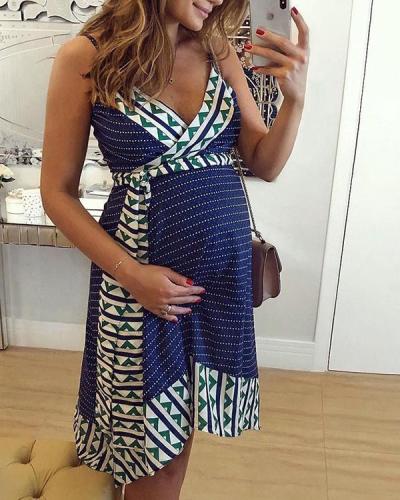 Pregnant Women Maternity Sexy V-Neck Bohemian Contrast Mini Dress