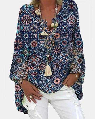 Geometric Printed Long Sleeve V-neck Casual Blosue For Women