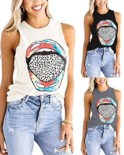 Color Lips Leopard Print Tongue Round Neck Sleeveless T-shirt Women