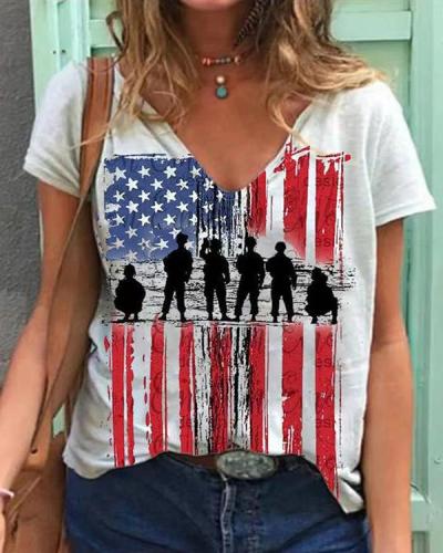 American Flag Printed Short Sleeve V-neck T-shirt