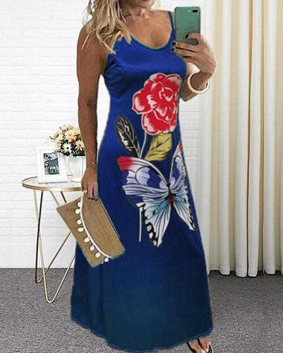 Women Casual Butterfly Floral Print Maxi Dress