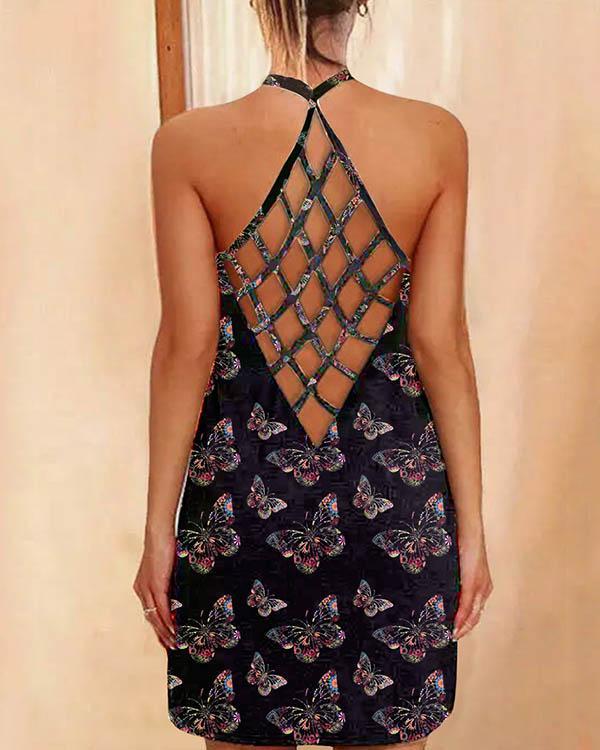Sexy Halter Neck Reticulated Back Design Butterfly Mini Dress