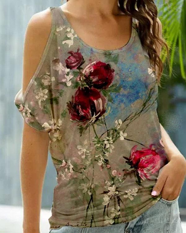 Women's Cold Shoulder Casual Floral Printed Tops