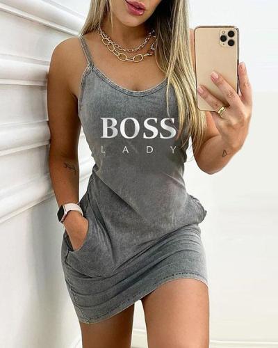 Basic Letter Print Bodycon Stretchy Mini Dress