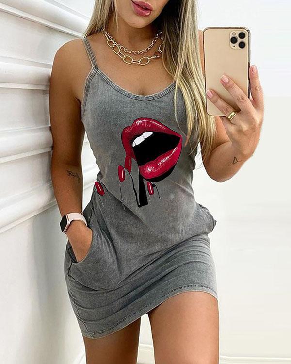 Comfy Soft Face Lip Print Slim Fit Mini Dress