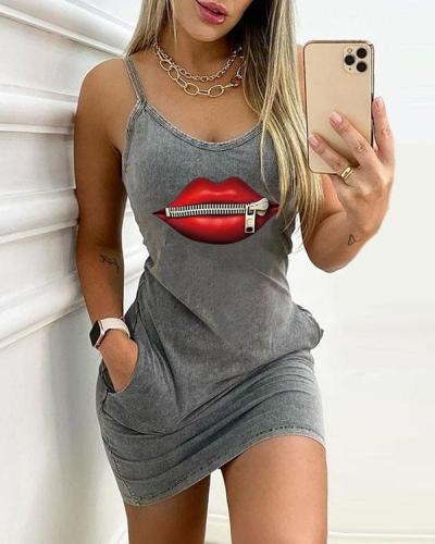 Comfy Soft Face Lip Print Slim Fit Mini Dress