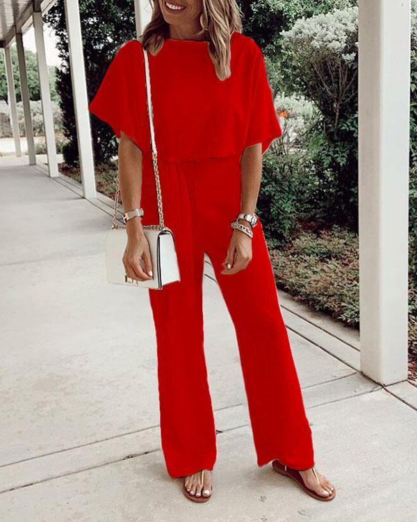 Elegant Solid Color Lace Up Bat Sleeve Jumpsuit