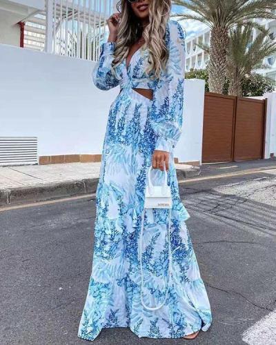 Long Sleeve Print V-Neck Floor-Length Expansion Women's Dress