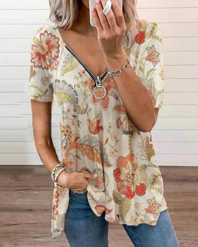 Low-Cut Zipper Flower Printed Tops