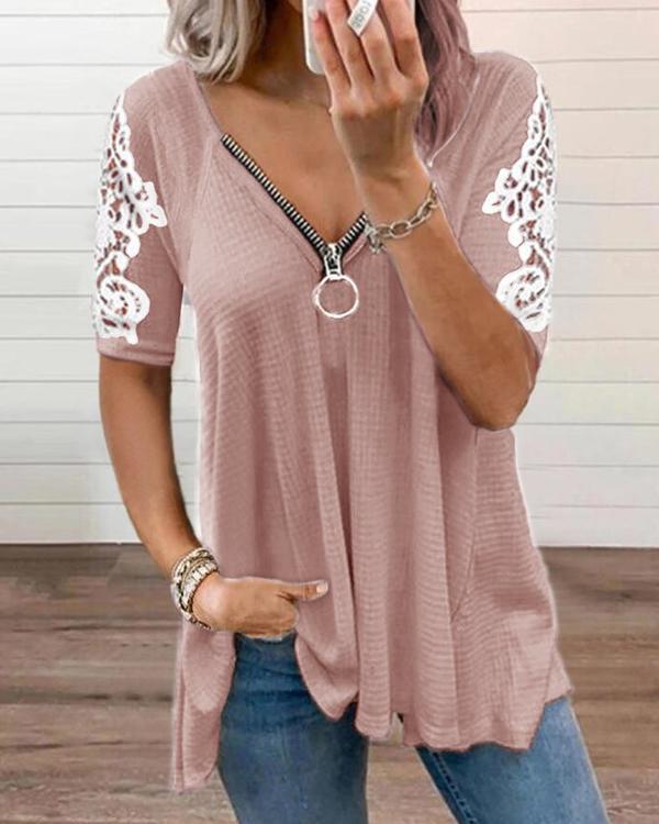 Women's Lace Zipper V-neck T-shirt