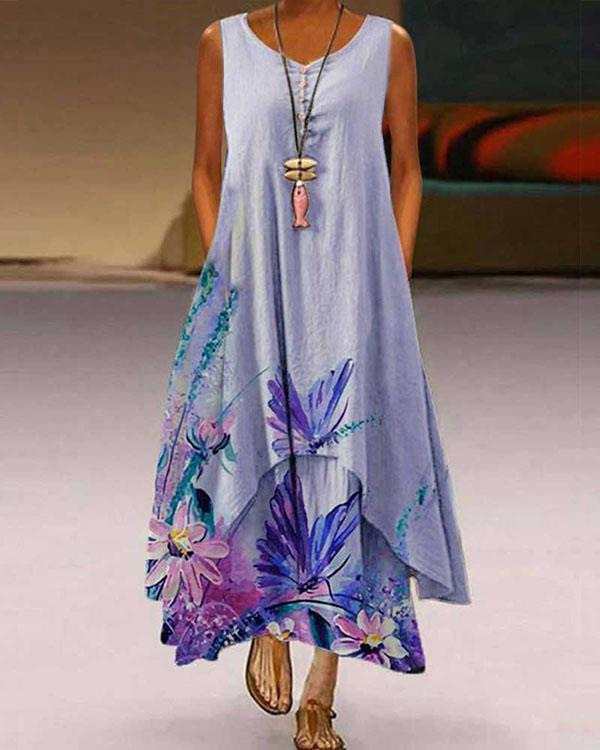 US$ 33.59 - Plus Size Print Sleeveless A-Line Asymmetrical Maxi Dress ...