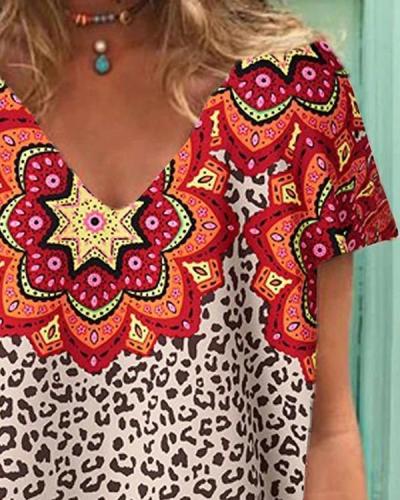 Leopard Floral Tribal Short Sleeve V Neck Casual Daily T-shirts
