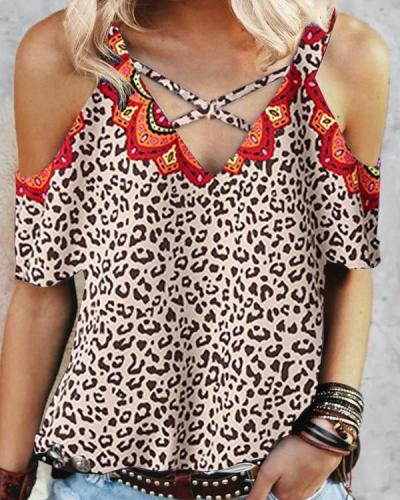 Leopard Mandala Print Cold Shoulder T-shirt