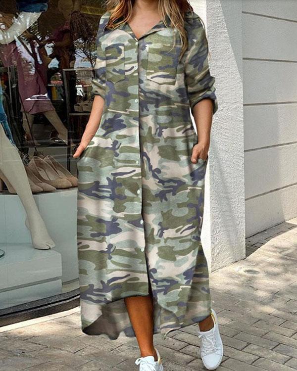 Camouflage Print Sequins Pocket Design Maxi Dress
