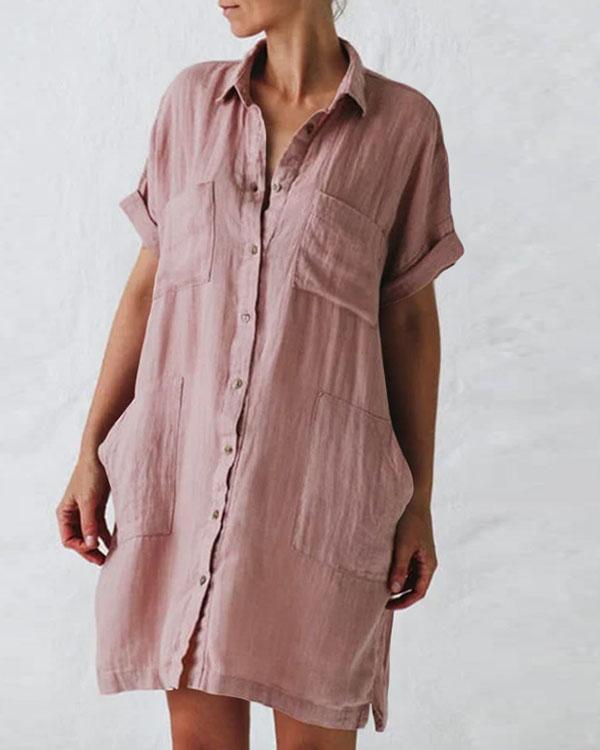 Women Plus Size Pockets Short Sleeve Button Linen Dresses