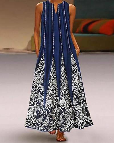 Women's Tunic Sleeveless Tribal Print Maxi long Dress