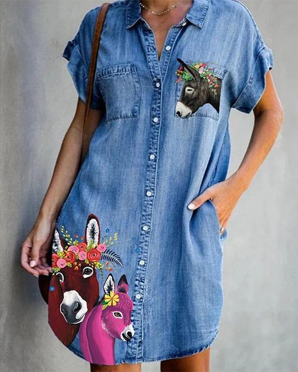 Cartoon Printed Pockets Short Sleeve Casual Denim Dress