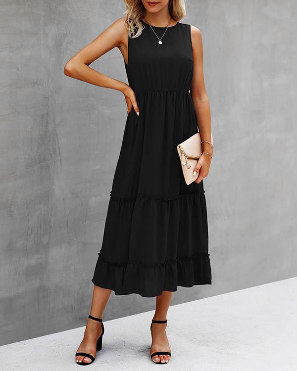 Solid Color Pleated Sleeveless Midi Dress