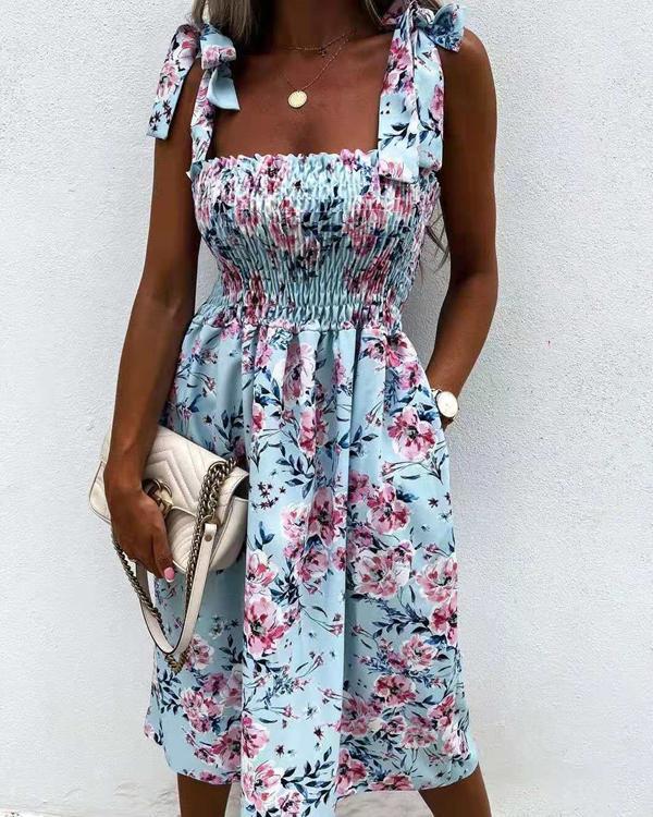 Women A Line Print Lace up Strap Dress