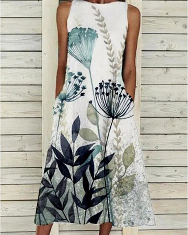Ladies Fashion Sleeveless Round Neck Printed Maxi Dress